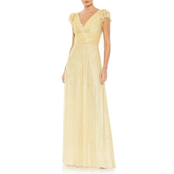 NWT Mac Duggal Fully Embellished Flutter Cap Sleeve A Line Gown in Butte… - Picture 1 of 4